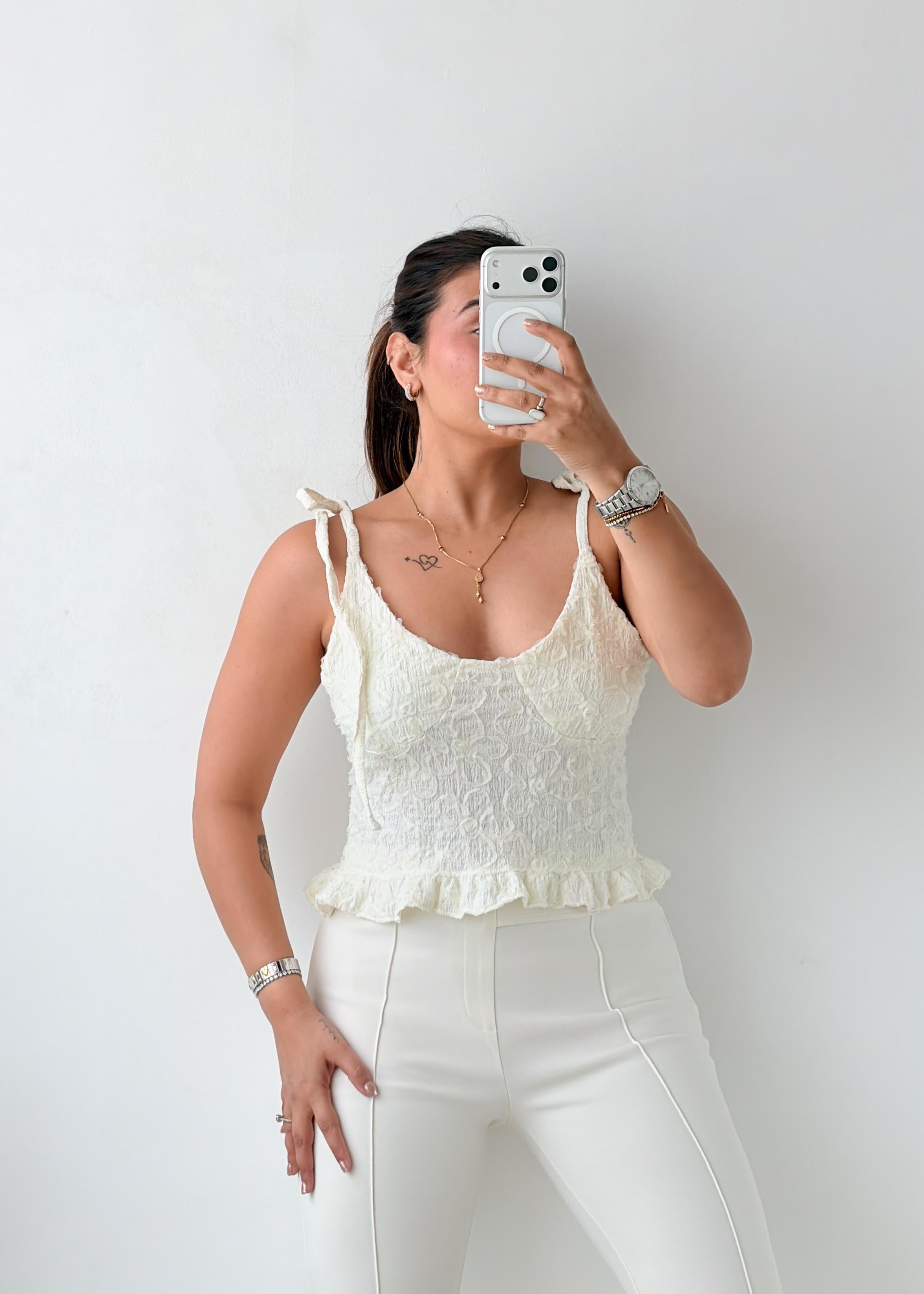 Size S-M White Textured Peplum Top