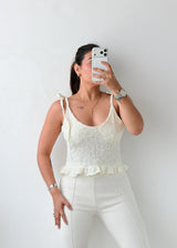 Size S-M White Textured Peplum Top