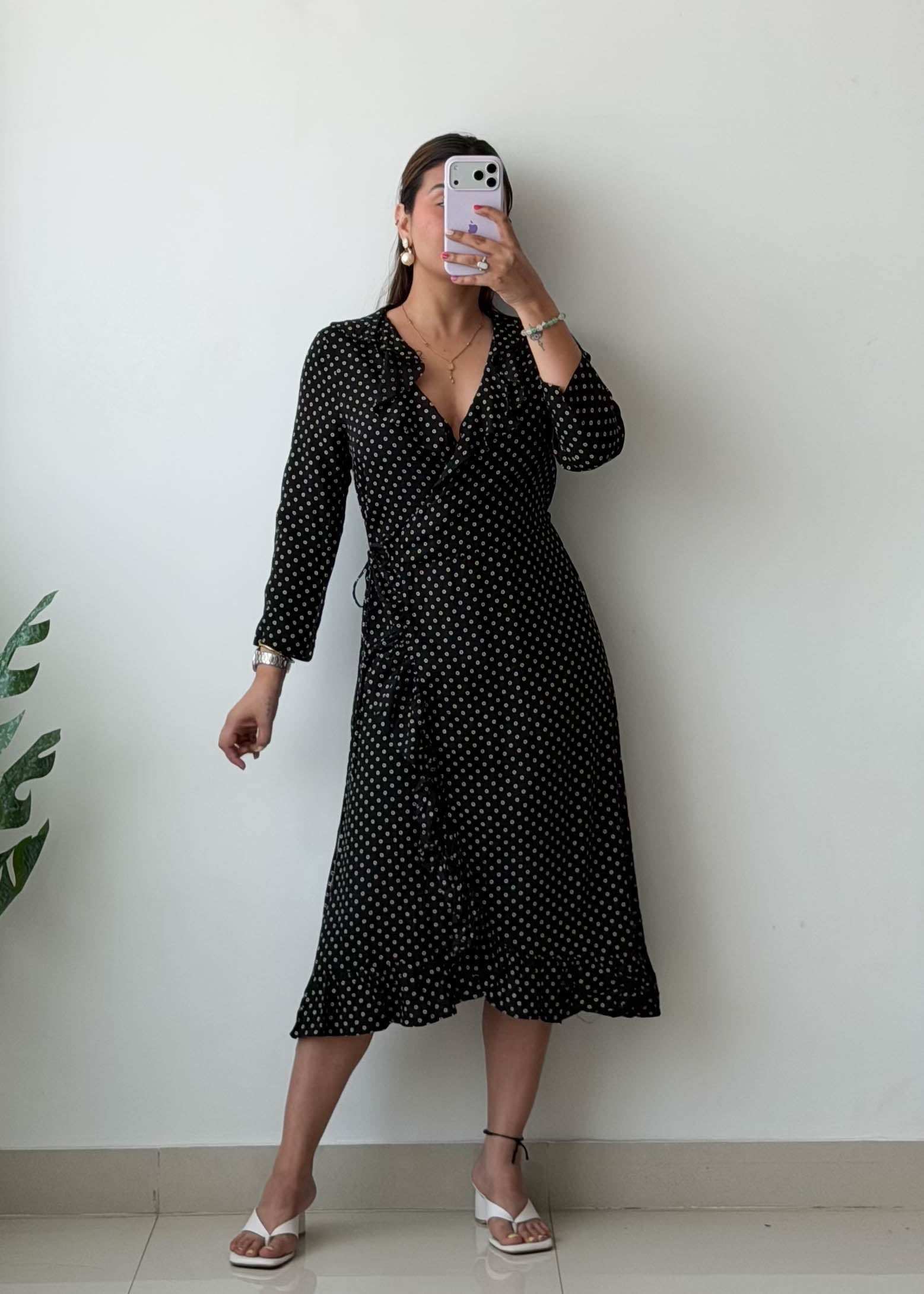 M-L Black White Polka Dot Wrap Dress