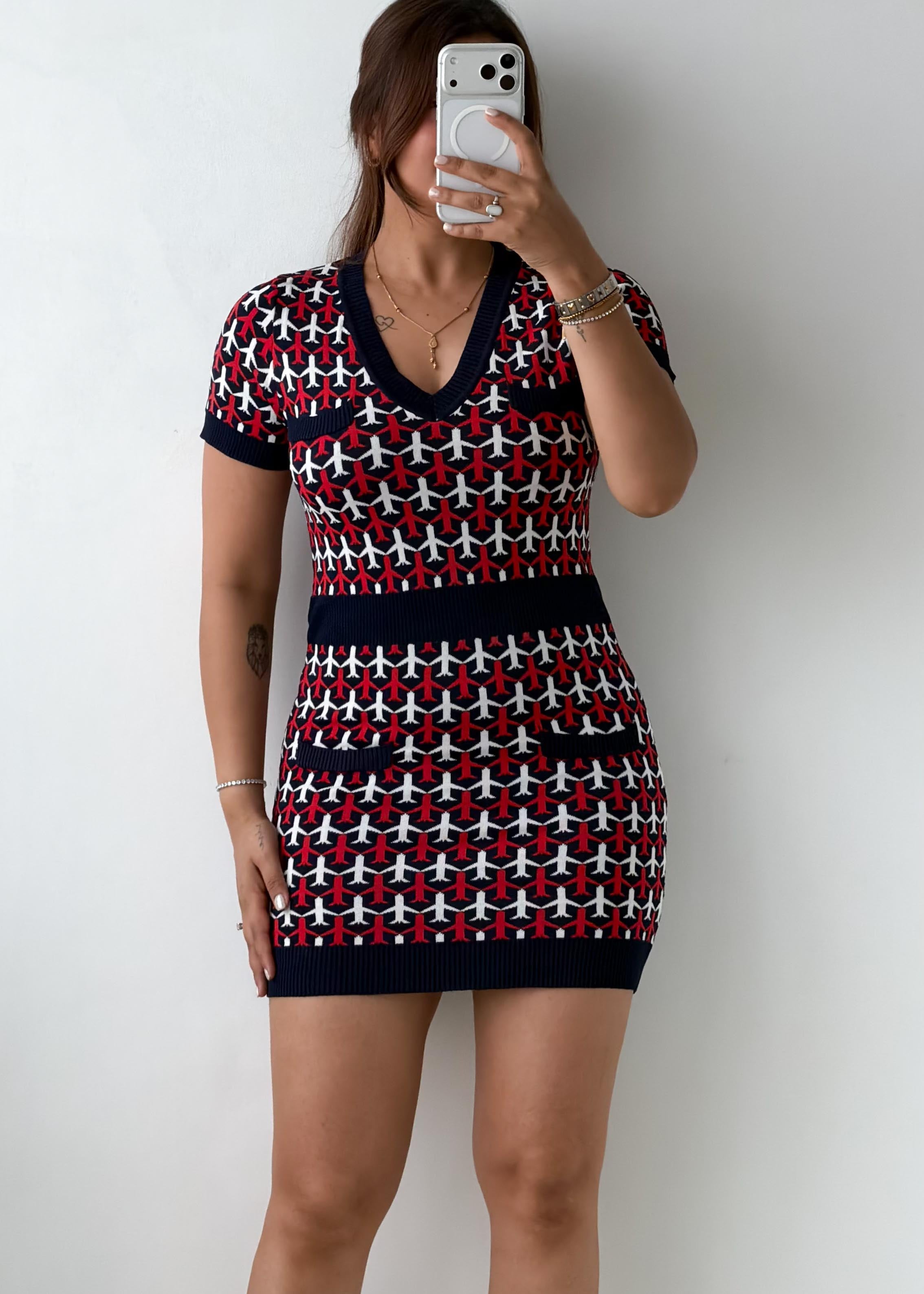 Size S-M Red & Black Geometric Knit Mini Dress