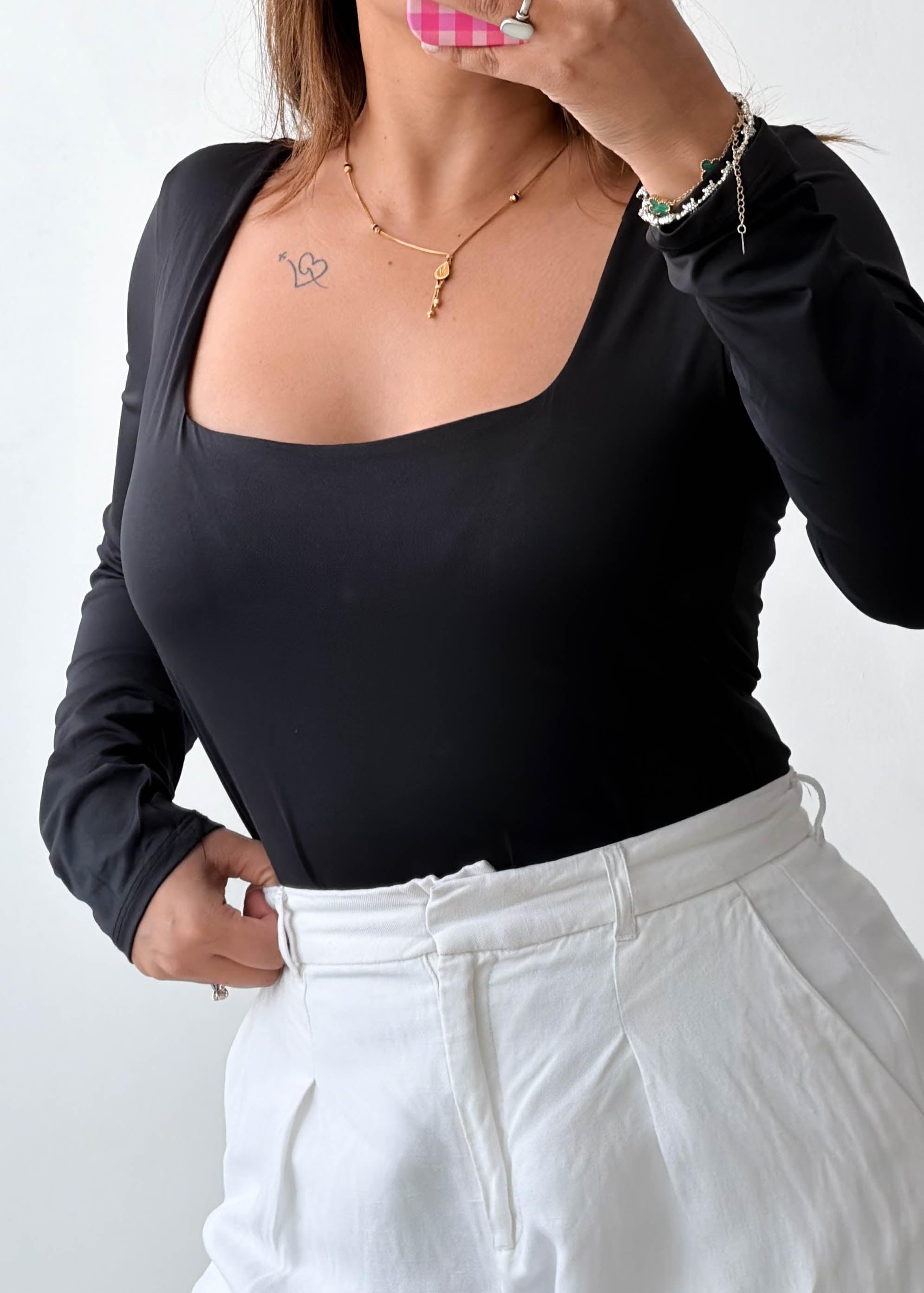 Size L-XL Black Square Neck Bodysuit