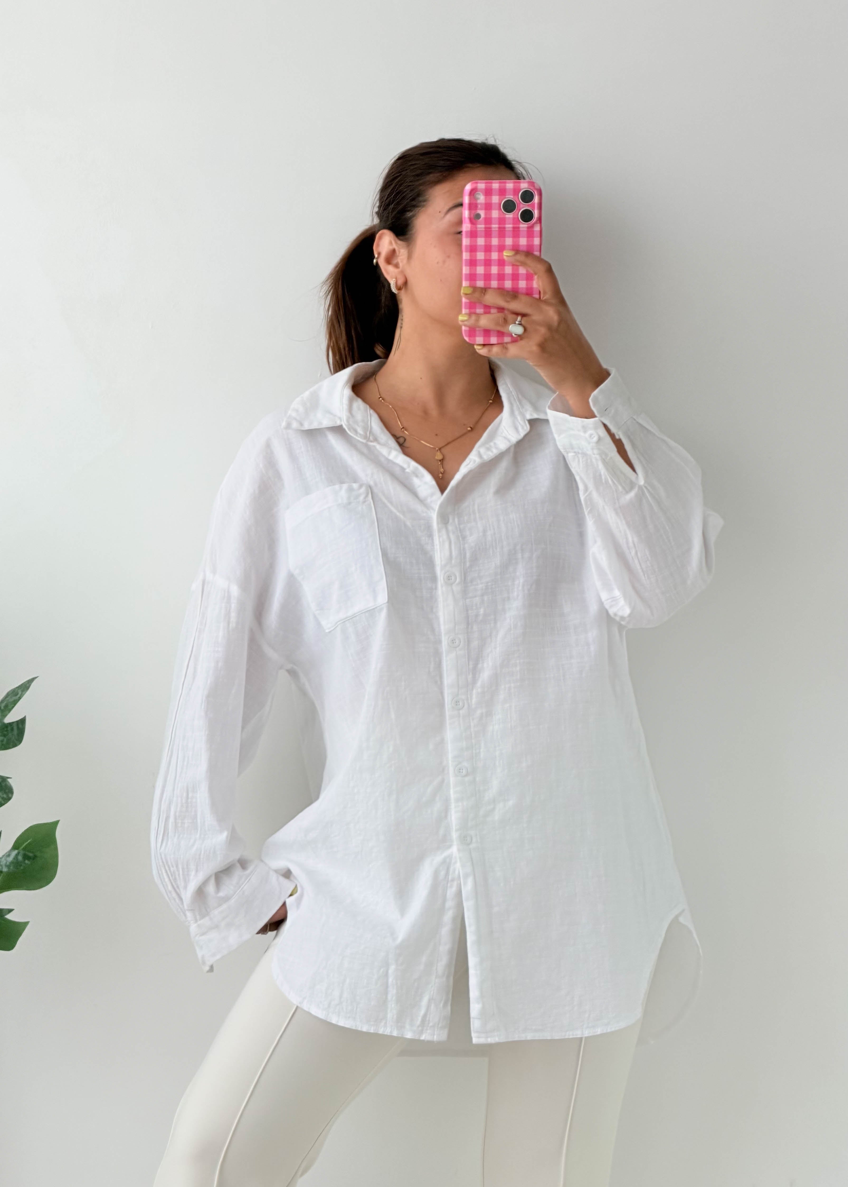 Size M-L White Oversized Cotton Shirt