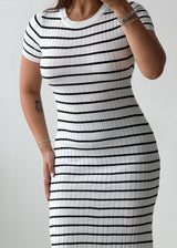 Size S-M White & Black Striped Ribbed Knit Midi Dress