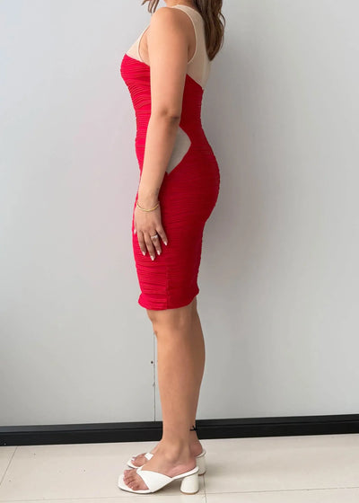 Size XS-S, Red Mesh Insert Bodycon Mini Dress - Closet by Payal