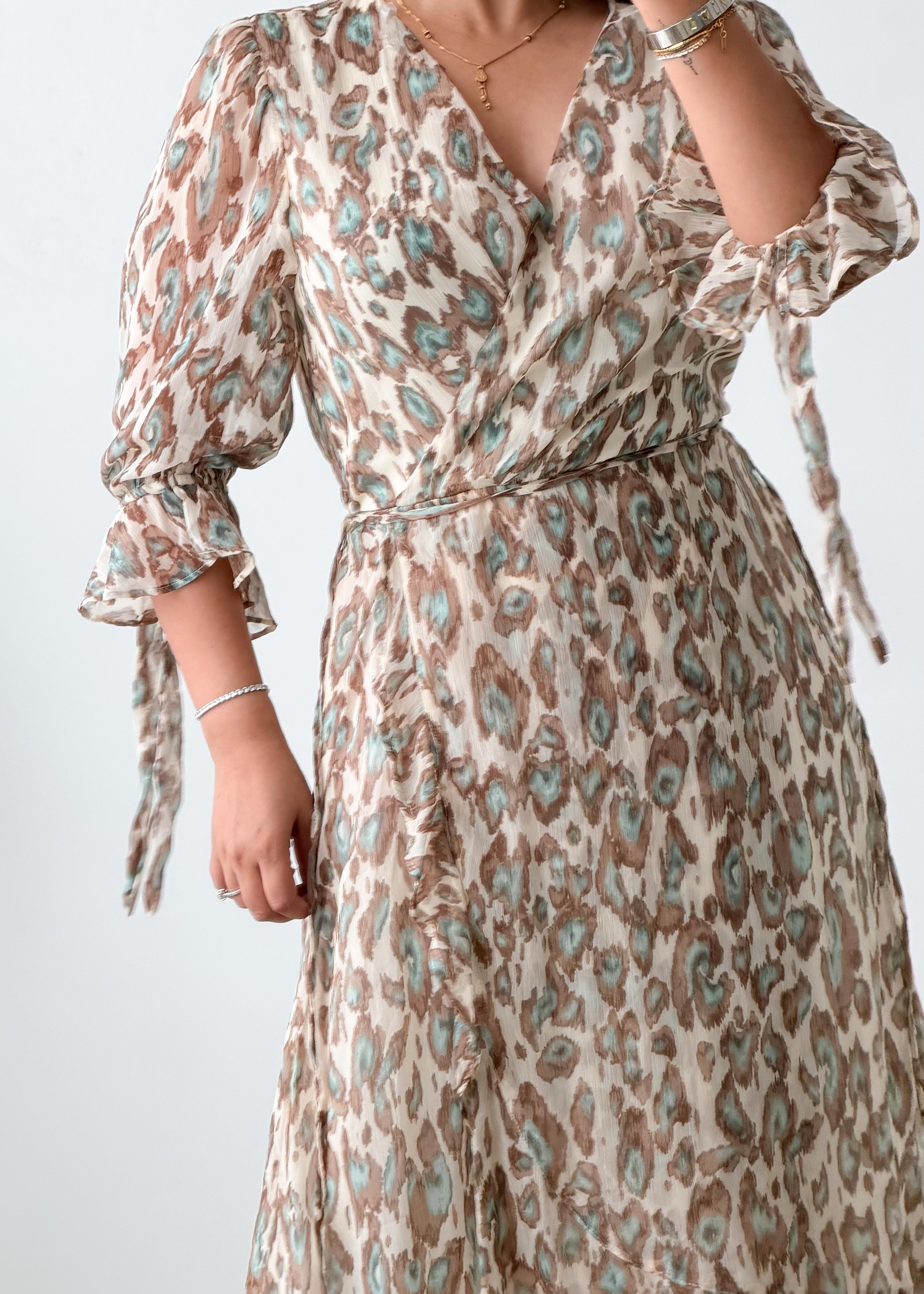 Size S-M Beige Printed Wrap Maxi Dress