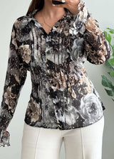Size M-L, Black Floral Chiffon Shirt with Ruffle Sleeves - Closet by Payal