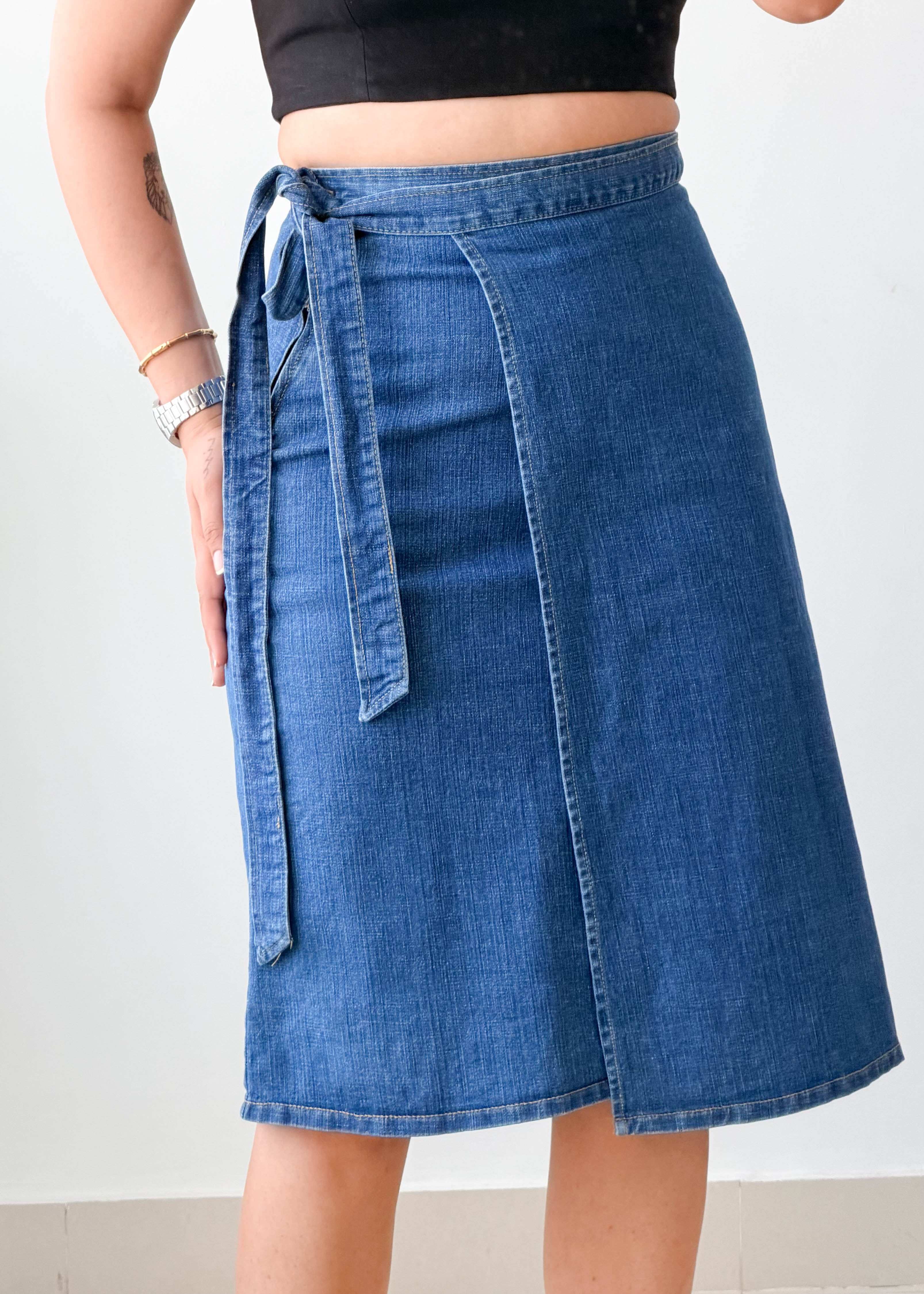 Waist 27-28 Blue Denim Wrap Midi Skirt
