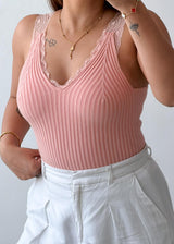 Size XS-S Blush Ribbed Lace Trim Tank Top
