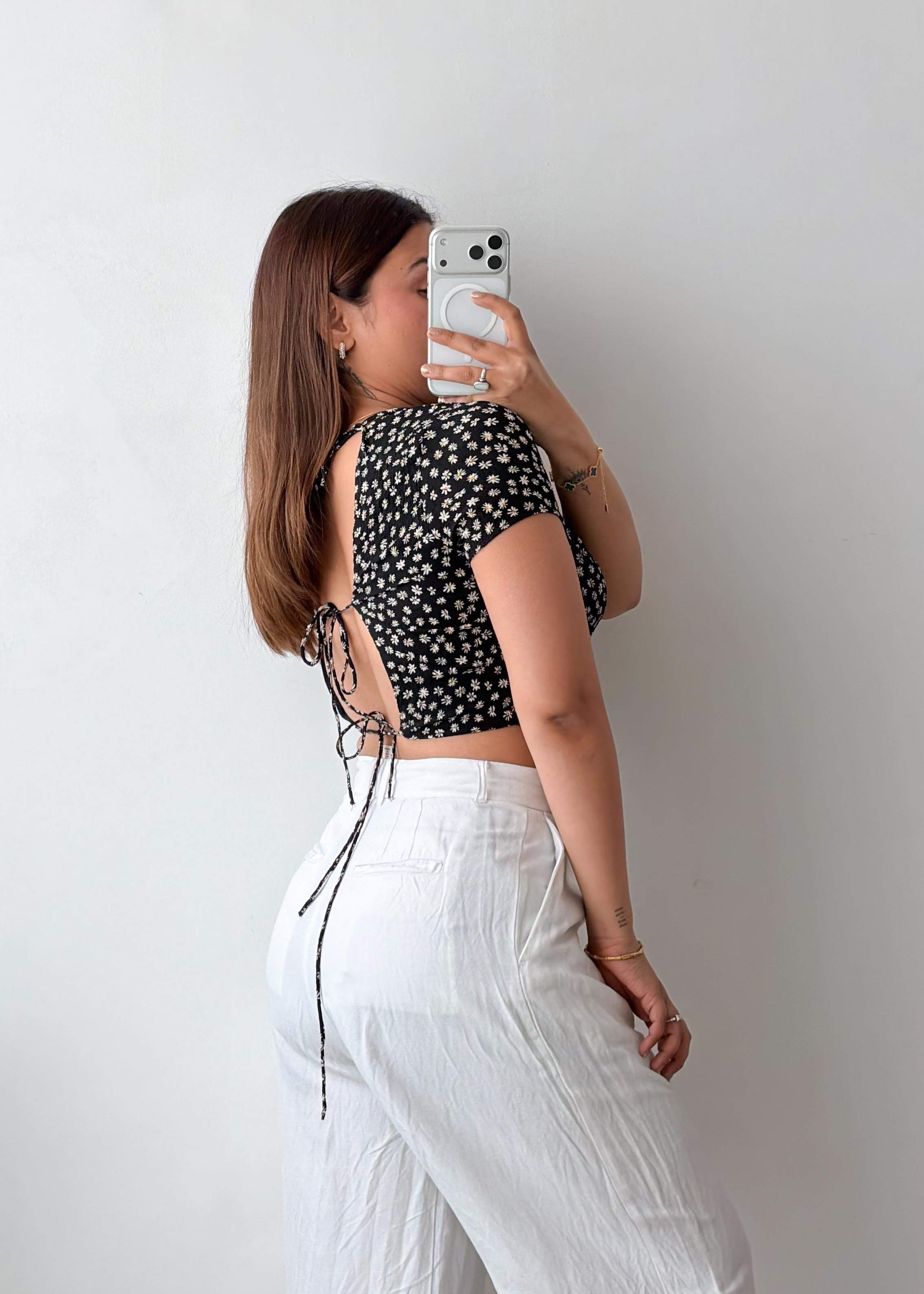 Size S-M Black Floral Wrap Crop Top