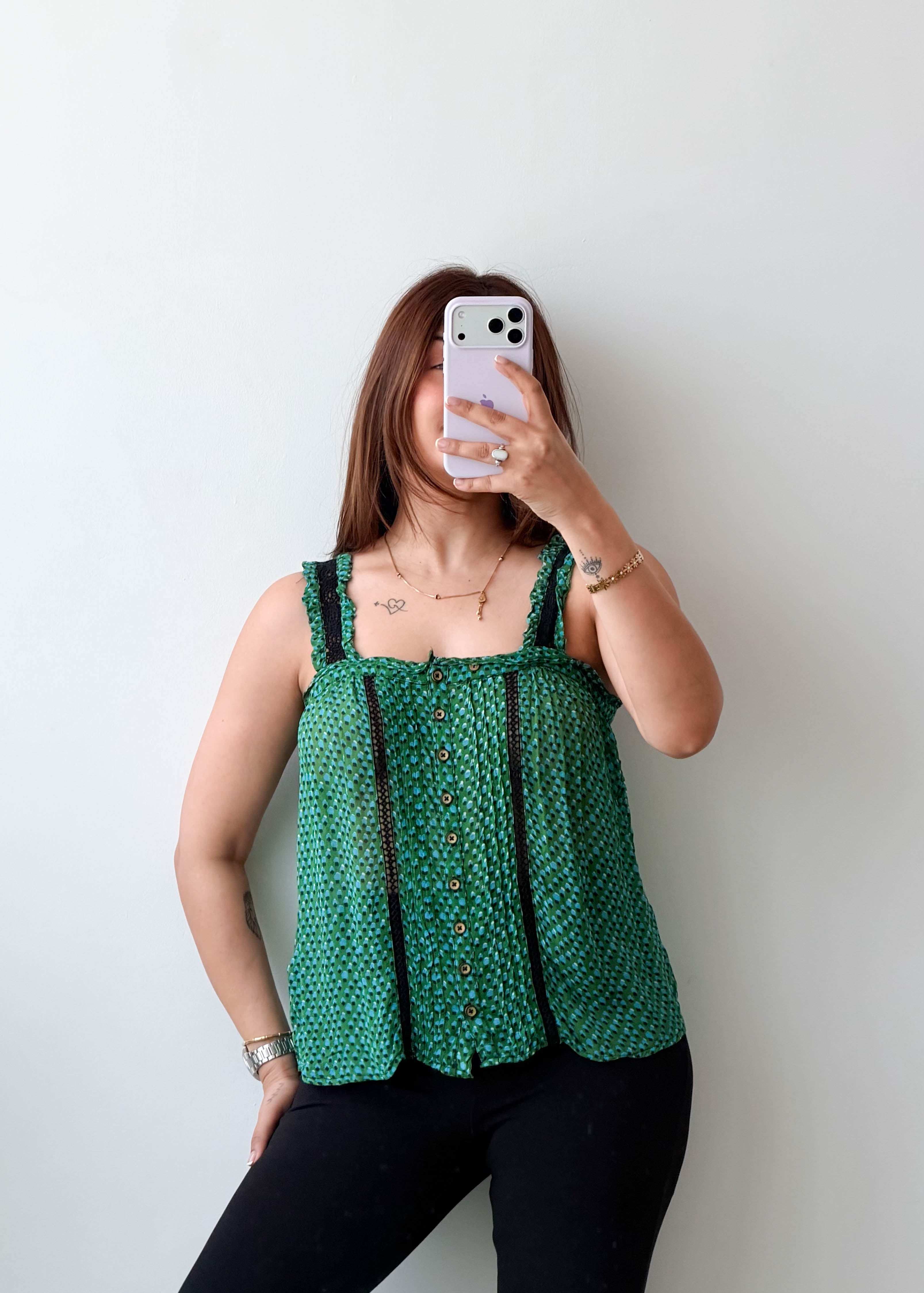 Size S-M Green Smocked Strap Top