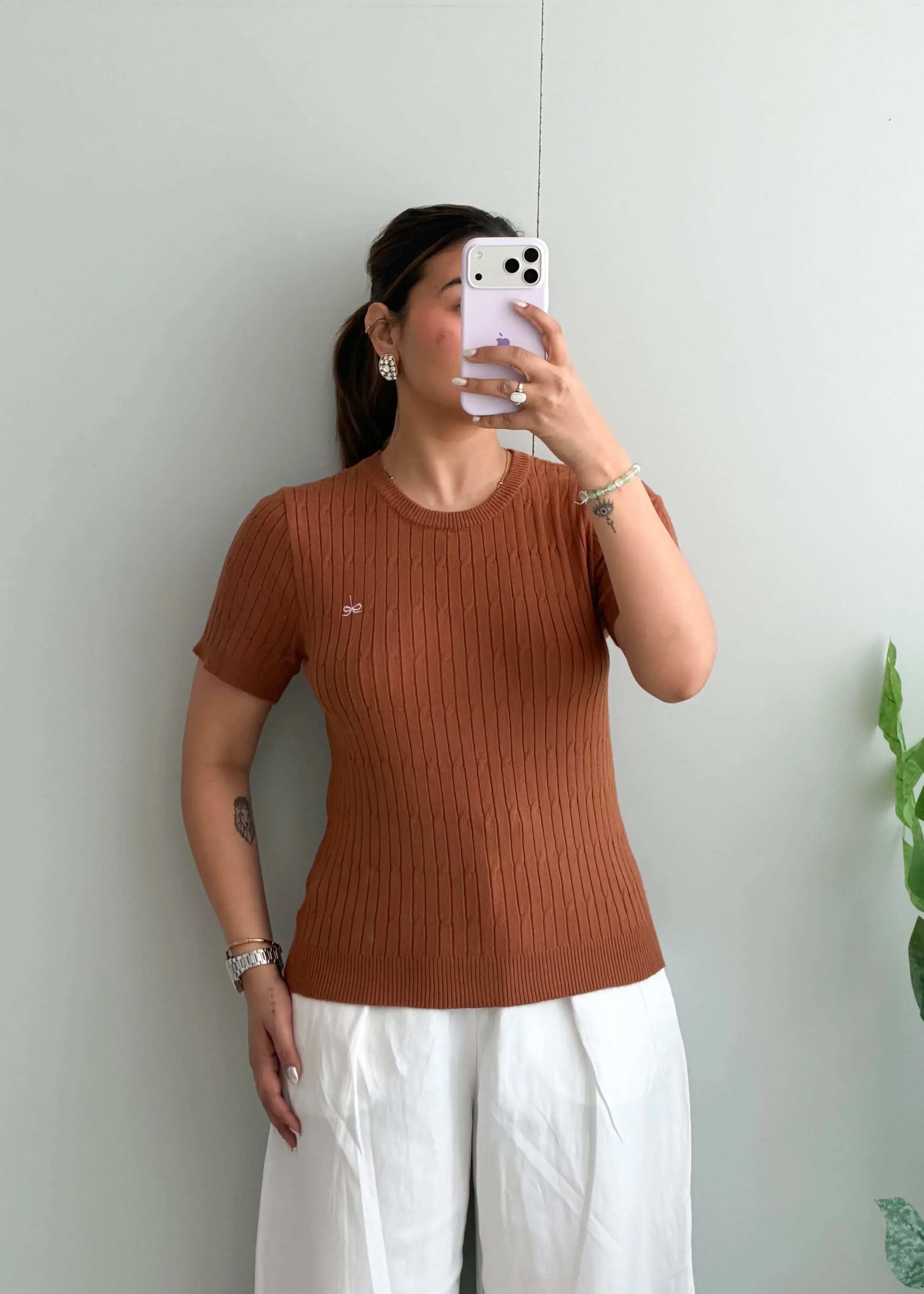 Size M-L, Brown Ribbed Half Sleeve Top - Closet by Payal