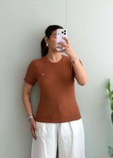 Size M-L, Brown Ribbed Half Sleeve Top - Closet by Payal