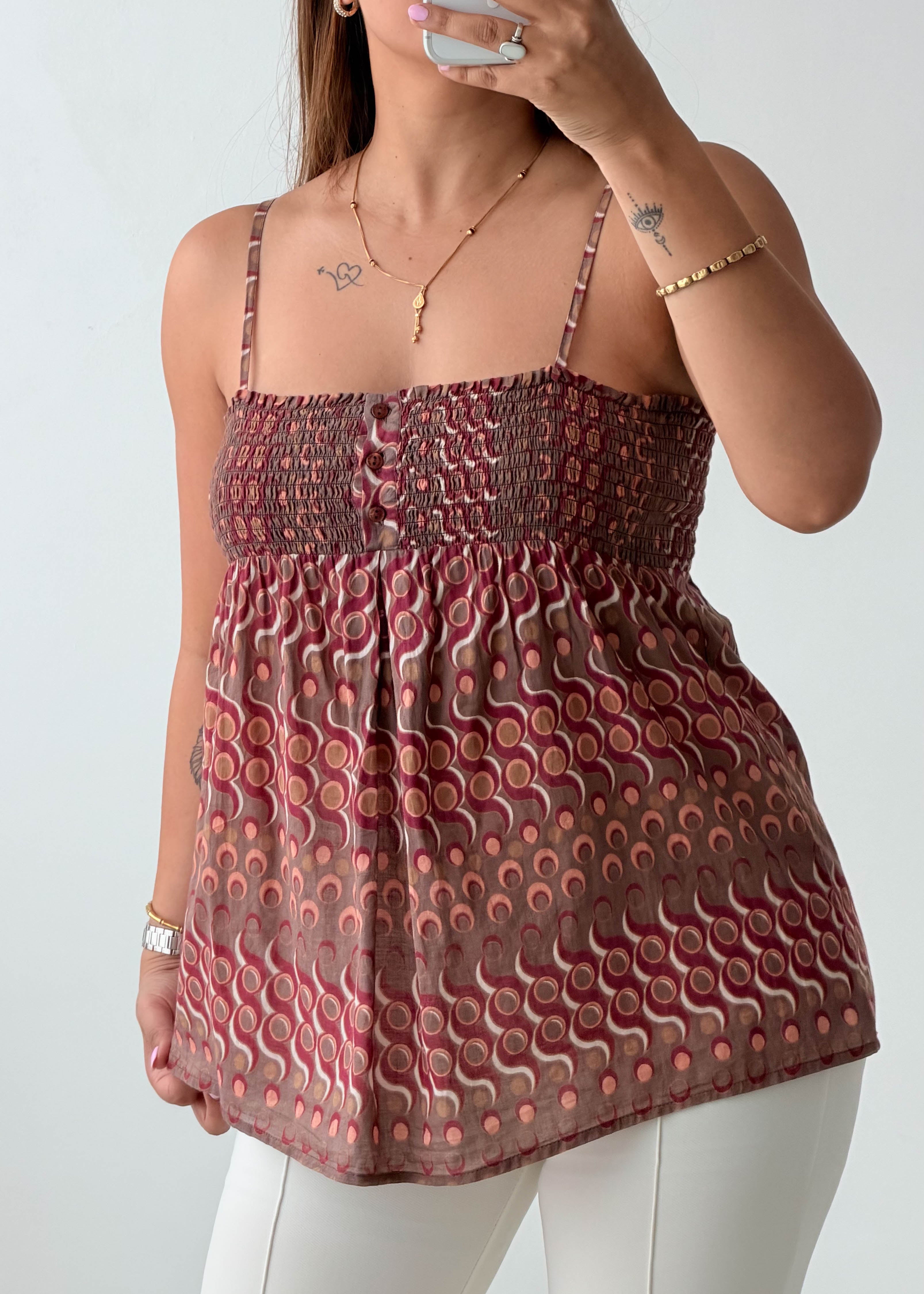 Size S-M Brown Printed Smocked Cami Top