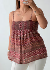 Size S-M Brown Printed Smocked Cami Top