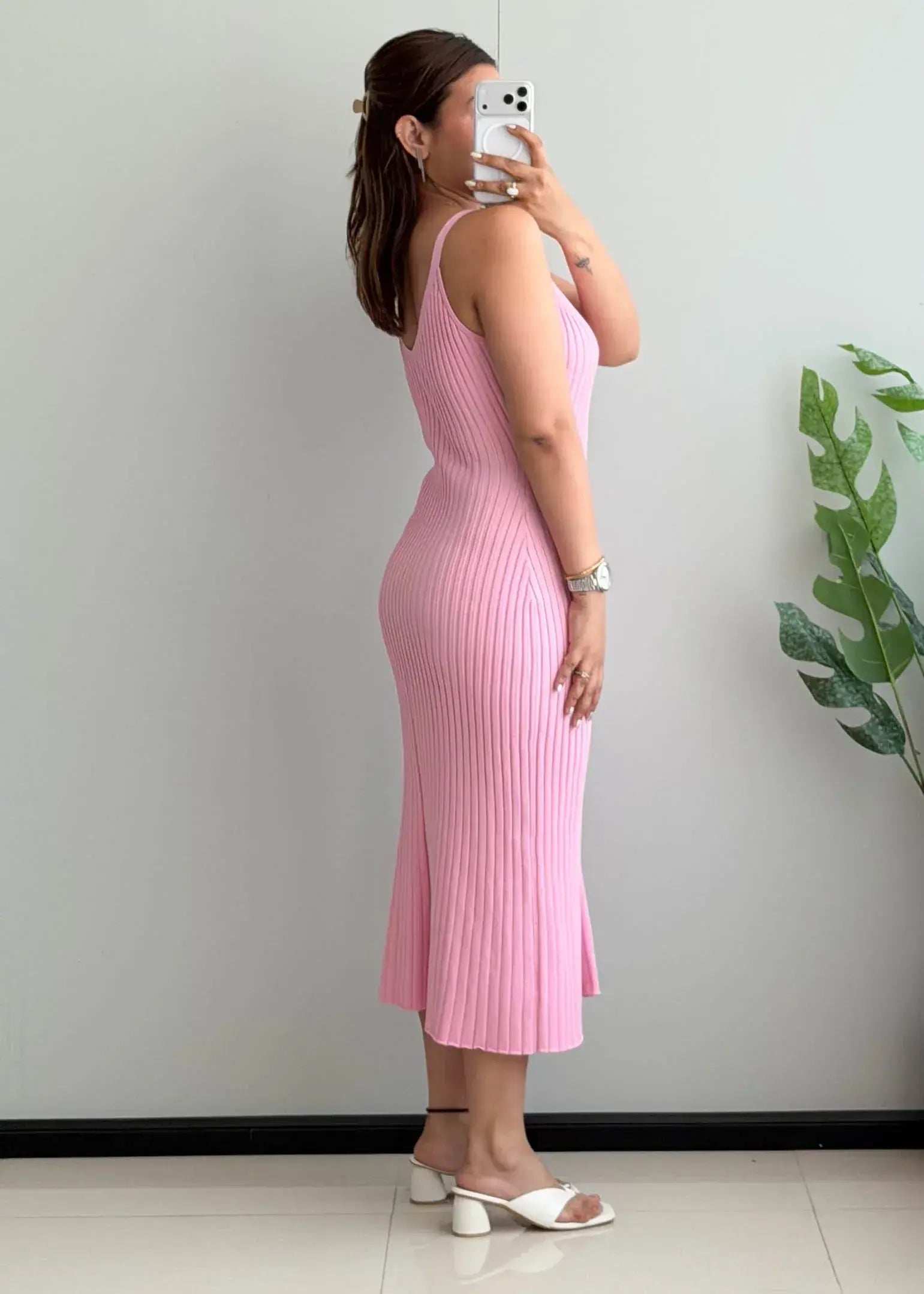 SIZE S-M, Pink Ribbed Button Front Midi Dress - Closet by Payal