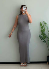 SIZE S-M, Grey Ribbed Sleeveless Maxi Dress - Closet by Payal