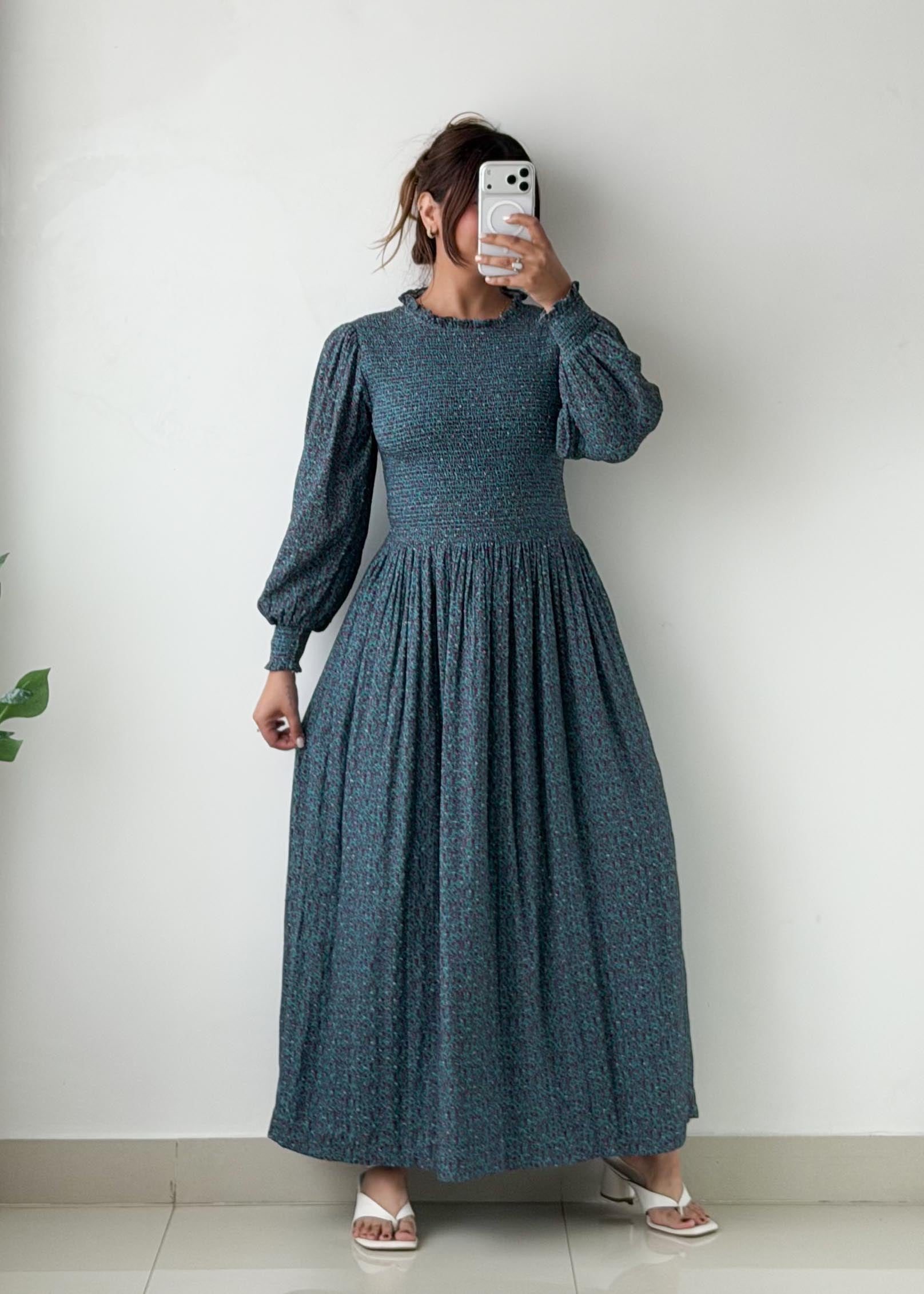 Size S-M Blue Printed Pleated Maxi Dress