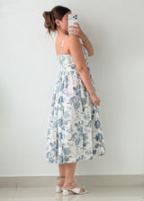 Size XS-S White & Blue Floral Print Midi Dress