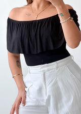 Size XS-S Black Off-Shoulder Ruffle Bodysuit