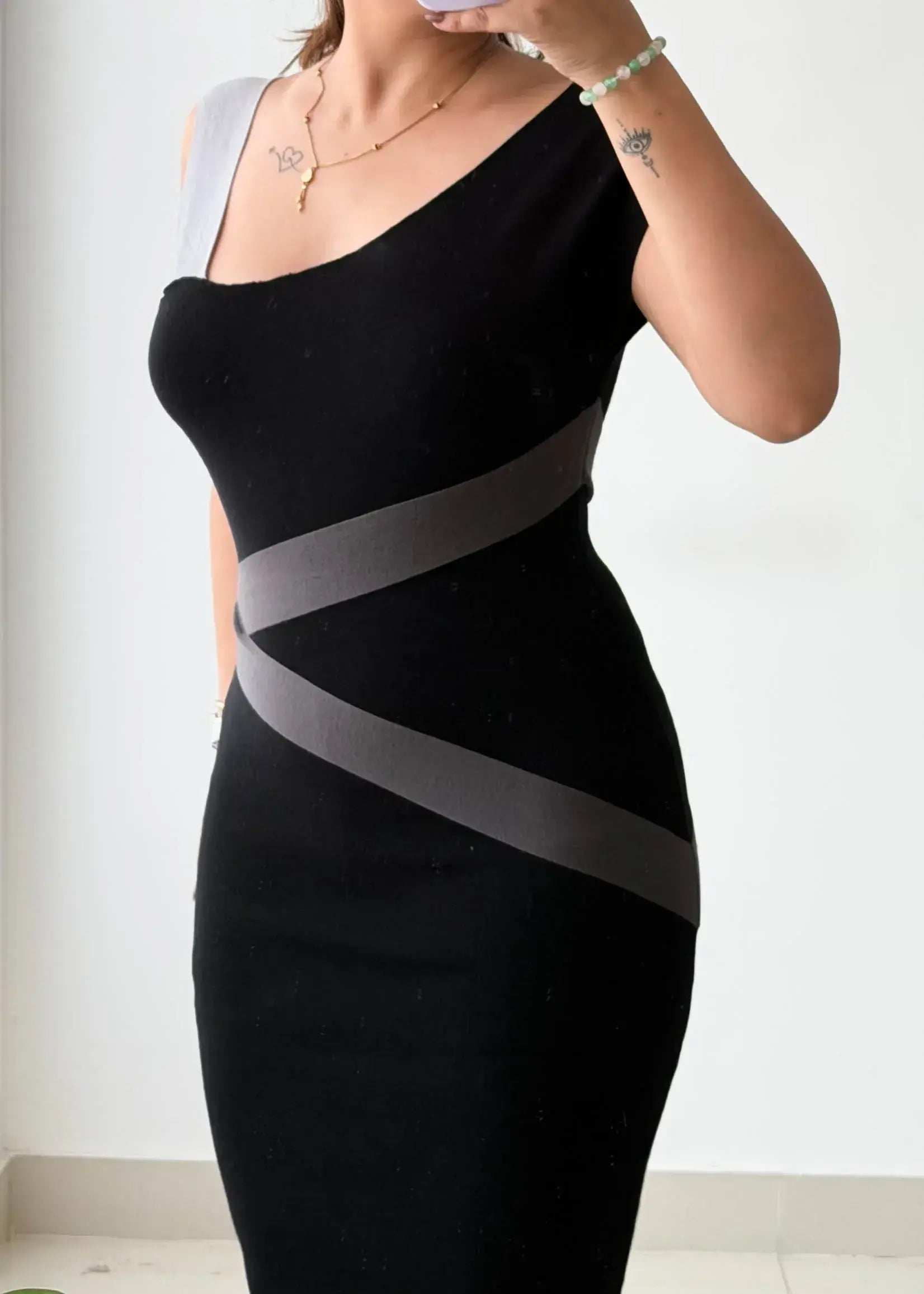 Size S-M, Black Contrast Strap Bodycon Midi Dress - Closet by Payal