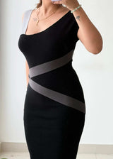 Size S-M, Black Contrast Strap Bodycon Midi Dress - Closet by Payal