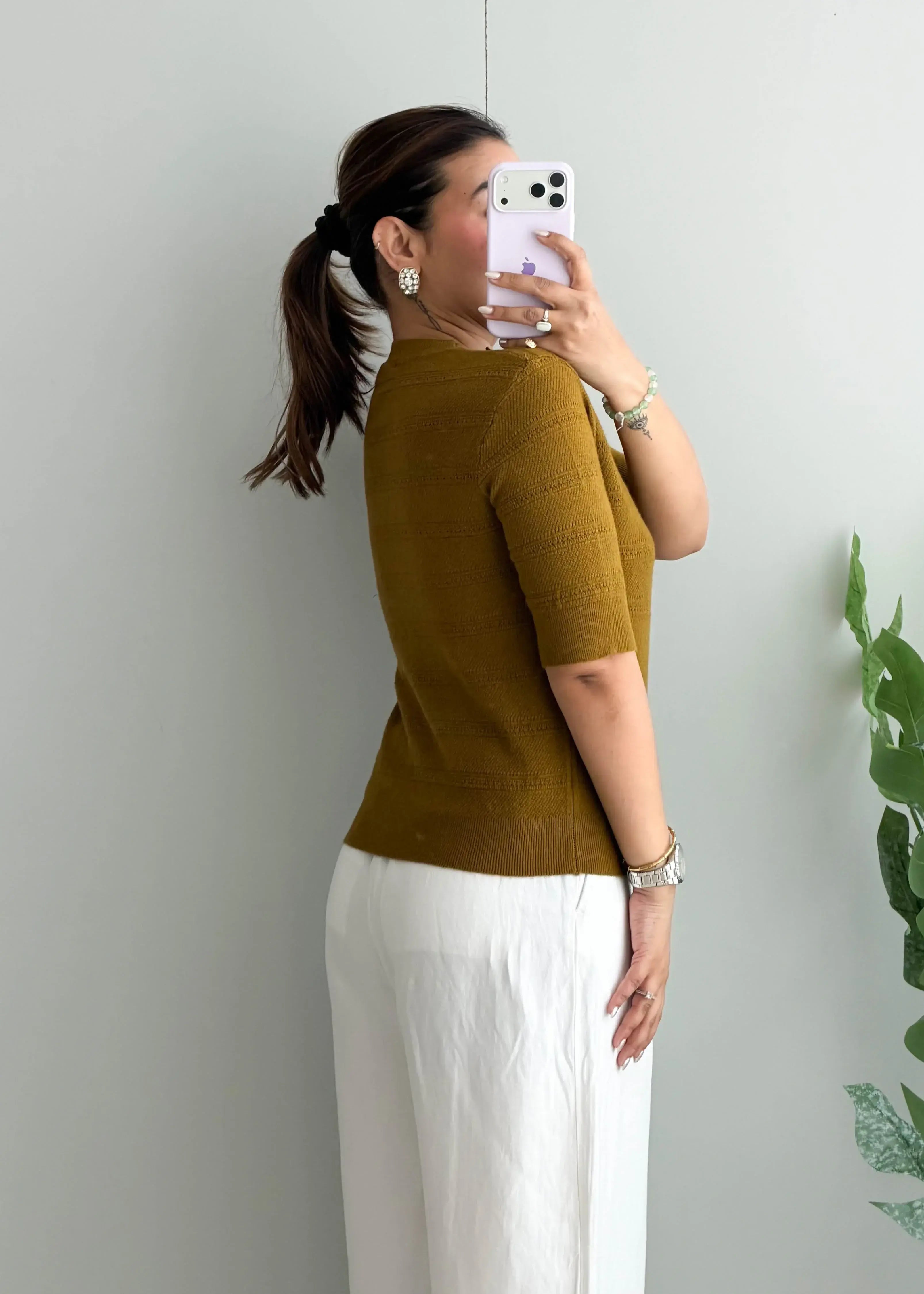 Size S-M, Olive Textured Half Sleeve Top - Closet by Payal