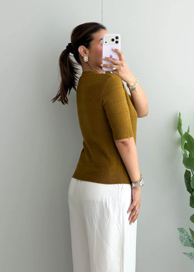Size S-M, Olive Textured Half Sleeve Top - Closet by Payal