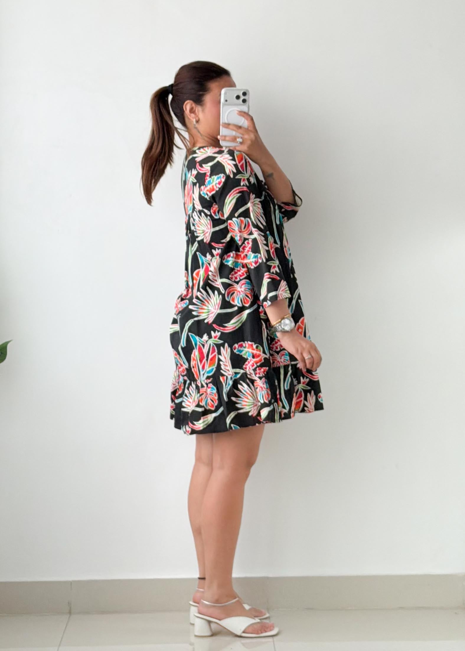 Size S-M Black Tropical Print Mini Dress