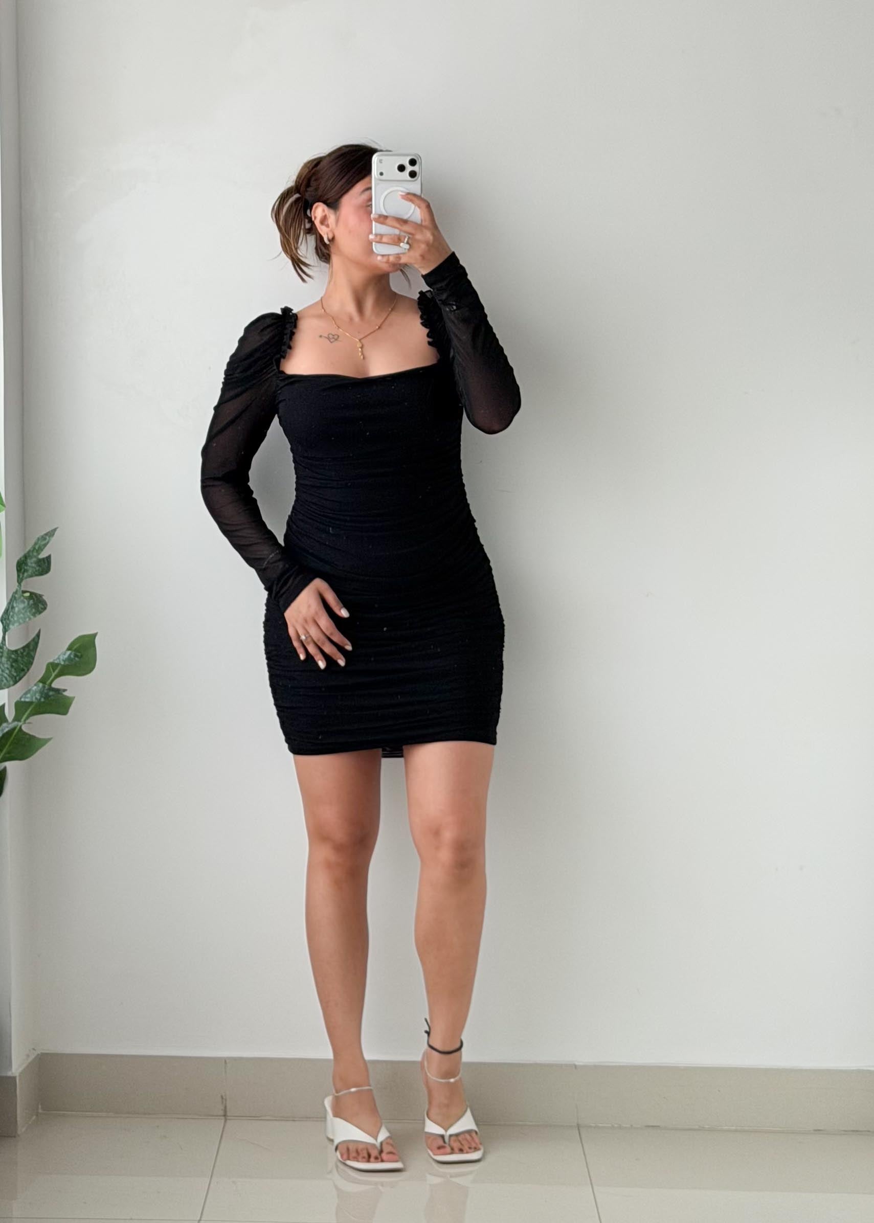 Size M-L Black Ruched Mini Dress
