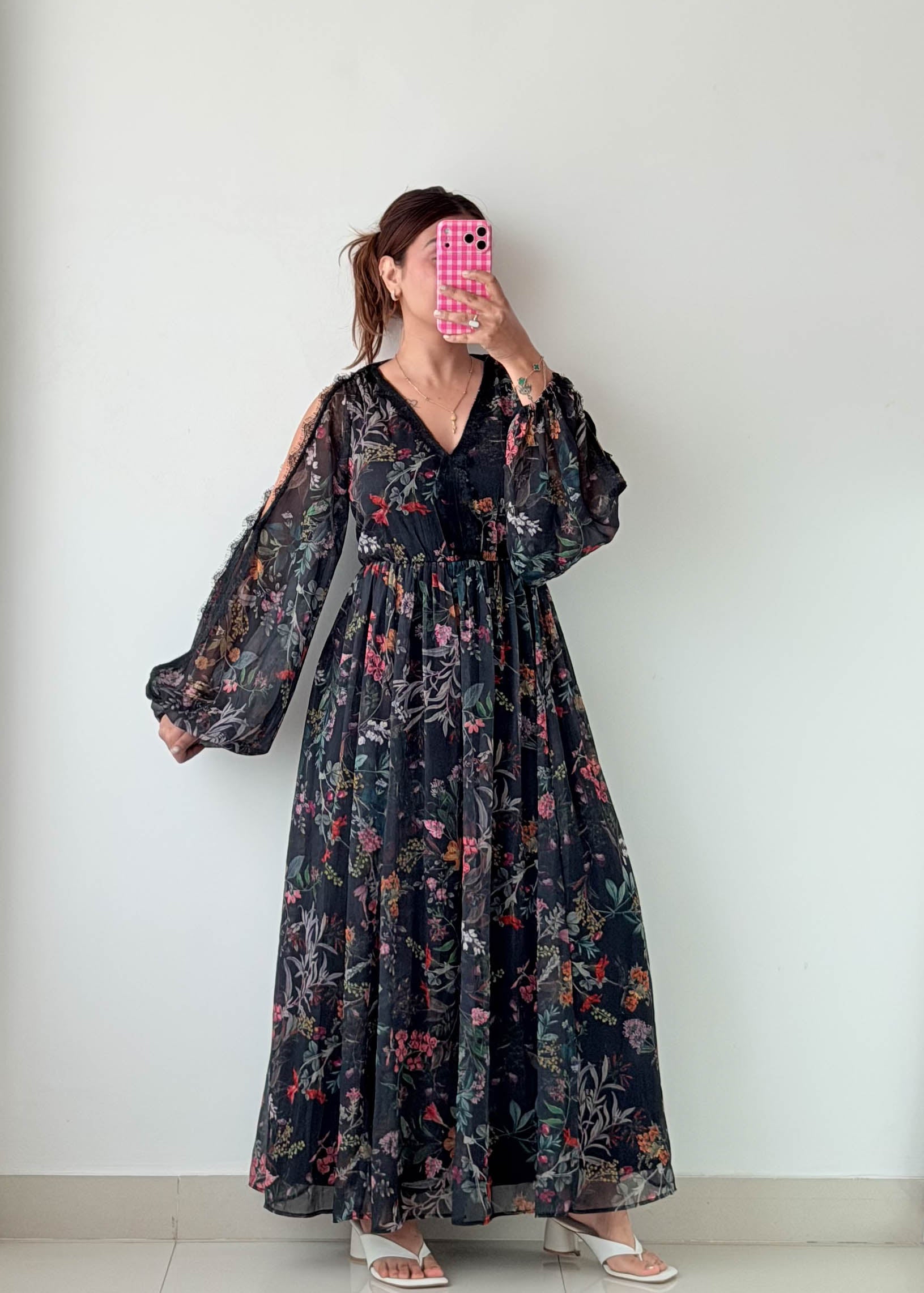 Size M-L Black Floral Sheer Maxi Dress