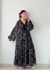 Size M-L Black Floral Sheer Maxi Dress