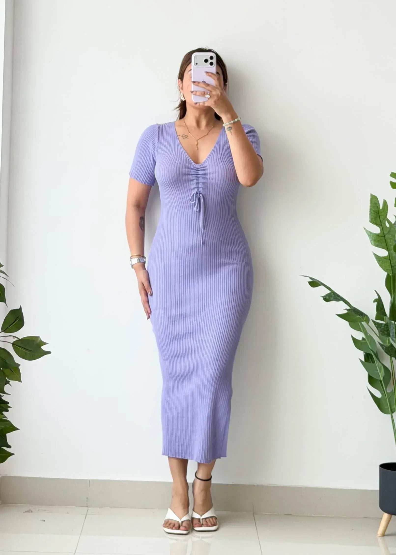 Size S-M, • Lavender Tie-Up Ribbed Midi Dress - Closet by Payal