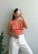 Size L-XL, Orange Striped Halter Crop Top - Closet by Payal