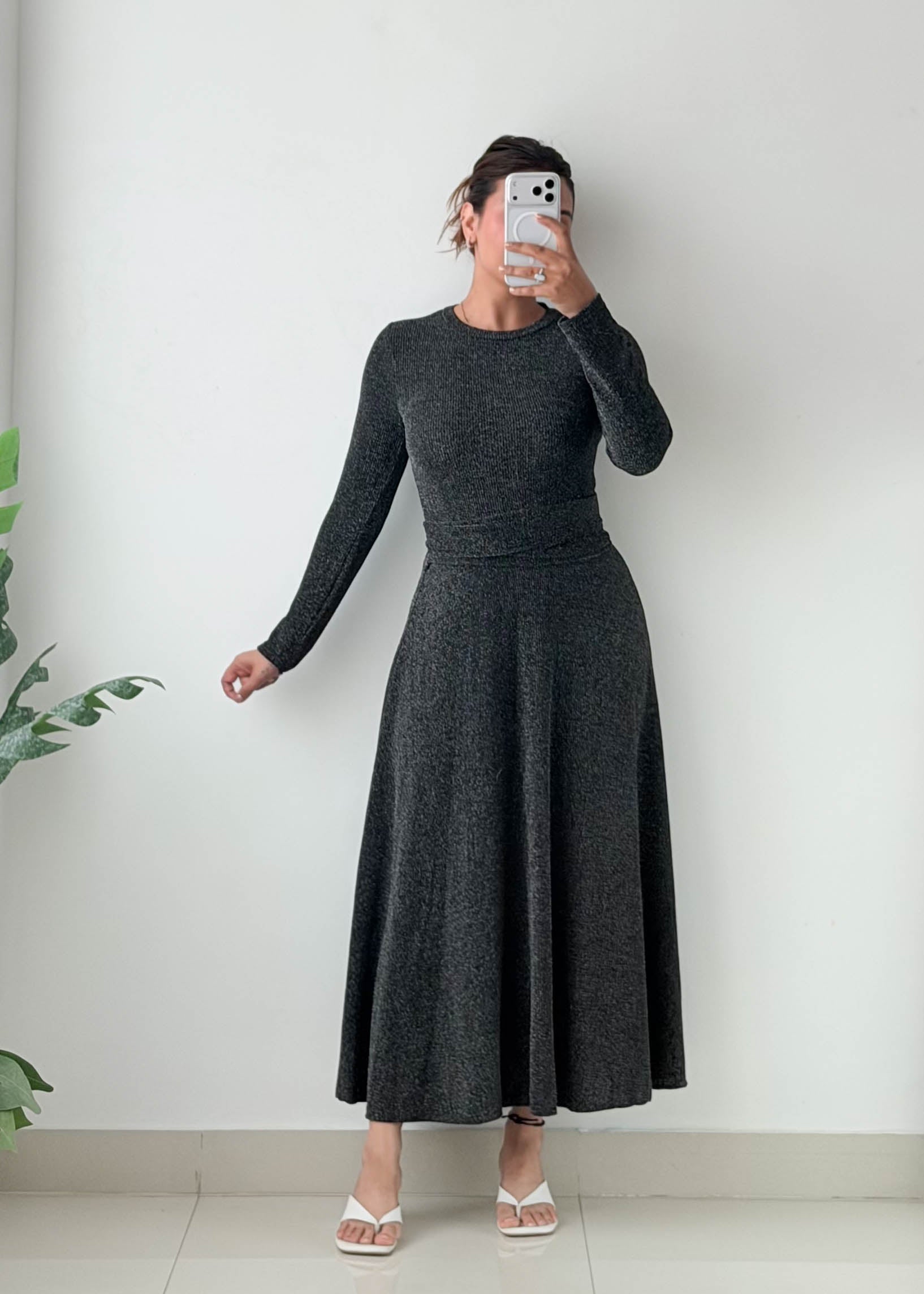 Size S-M Charcoal Heather Fit & Flare Maxi Dress