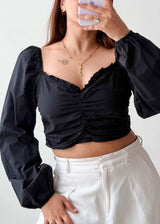 Size M Black Ruched Puff Sleeve Crop Top