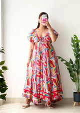 Size S-M, Multicolor Abstract Maxi Dress