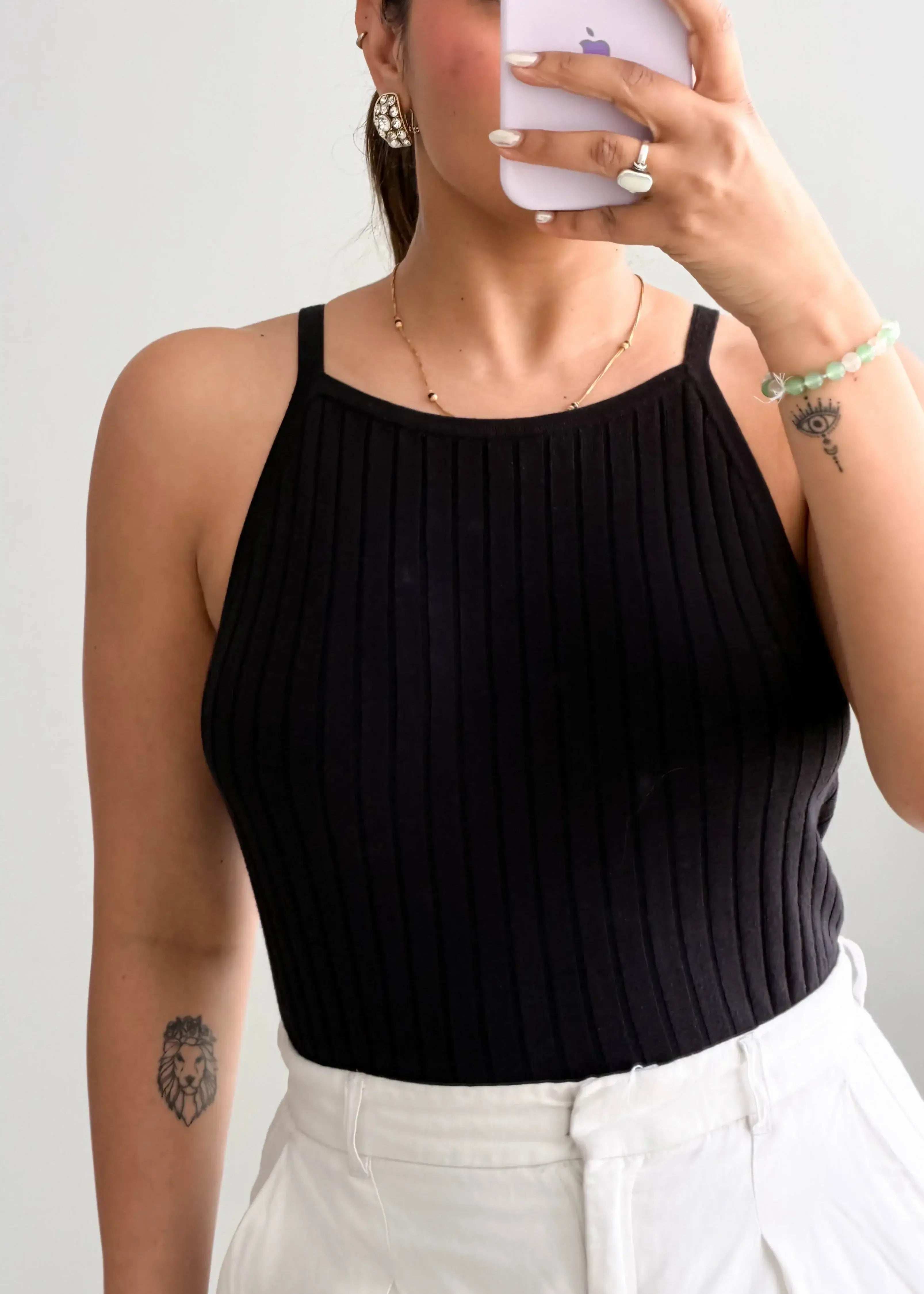 Size L-XL, Black Ribbed Sleeveless Top - Closet by Payal