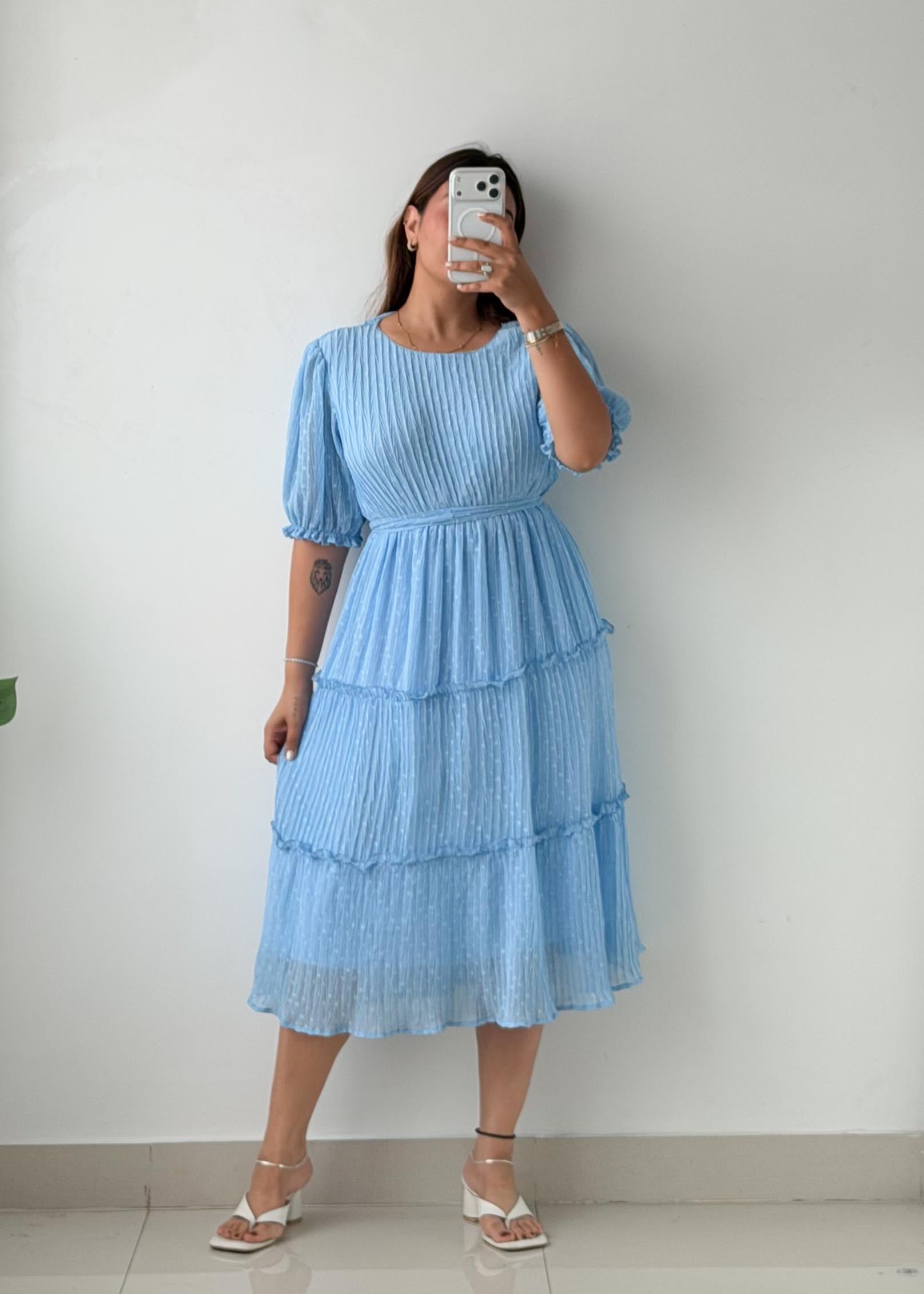 Size S-M Powder Blue Pleated Tiered Midi Dress