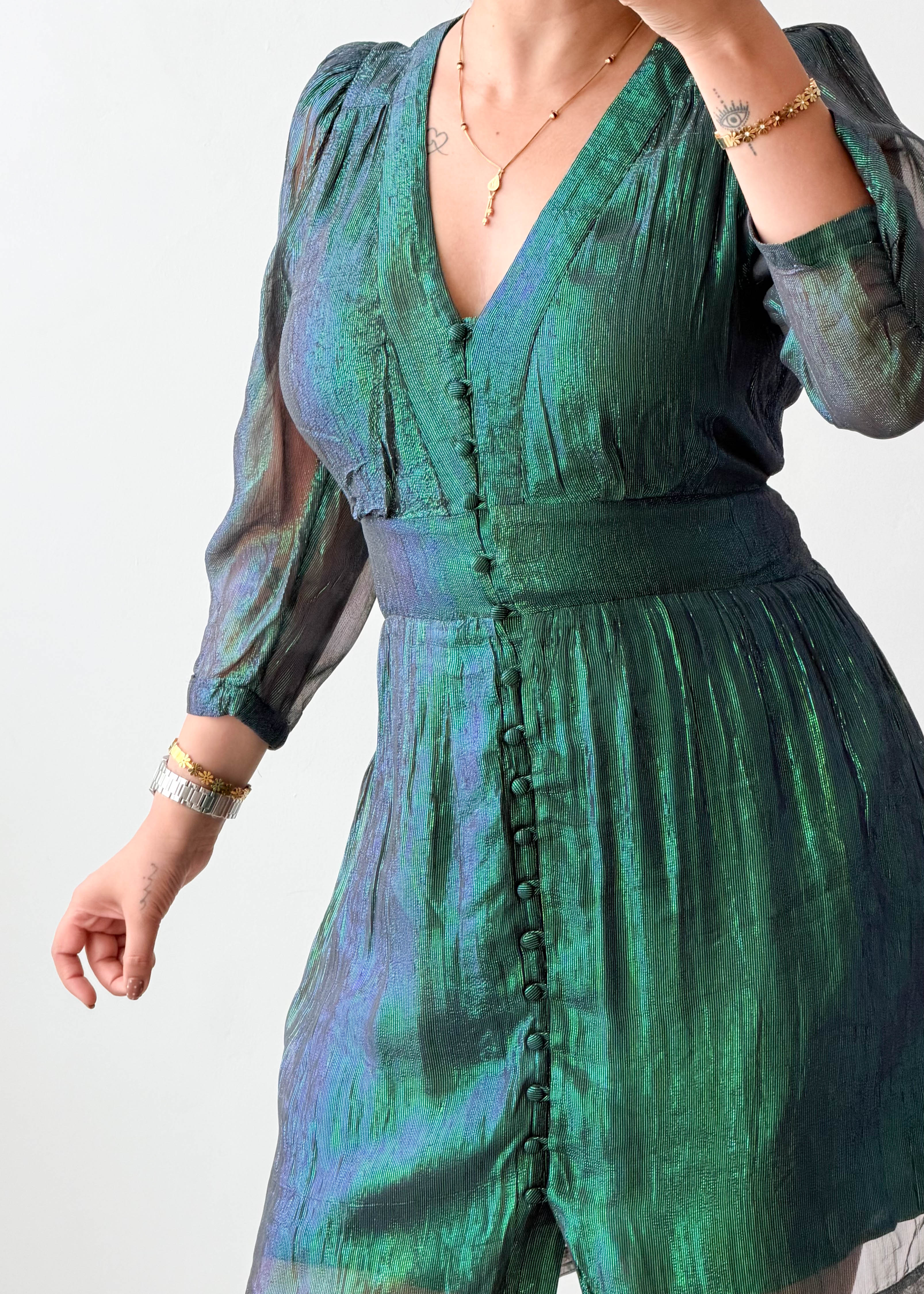 Size M-L Emerald Green Shimmer Sheer Sleeve Mini Dress