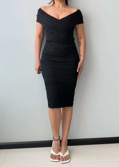 Size XS-S, Black Off-Shoulder Ruched Midi Dress - Closet by Payal