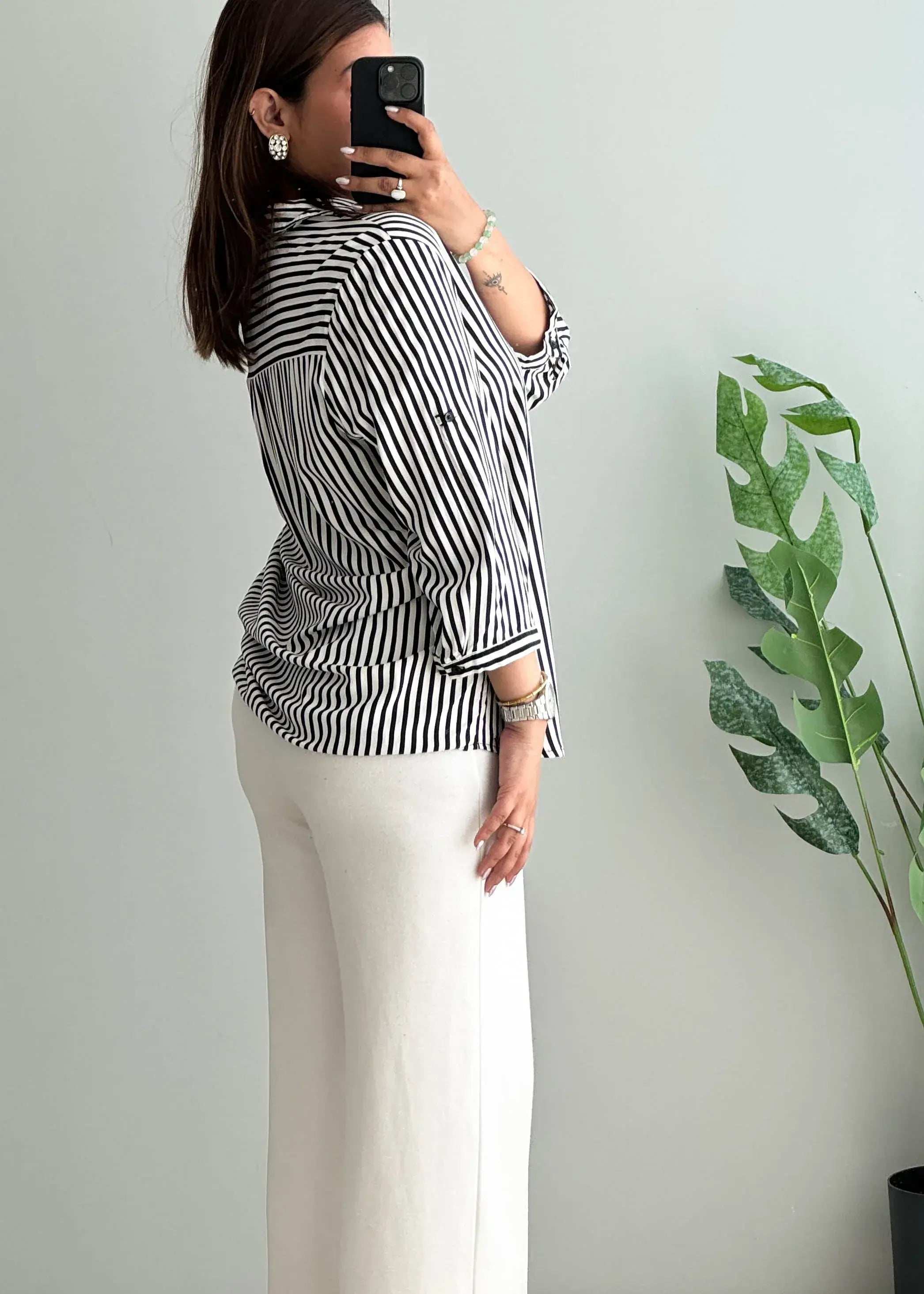 Size S-M, Black & White Vertical Stripe Shirt for Women - Closet by Payal