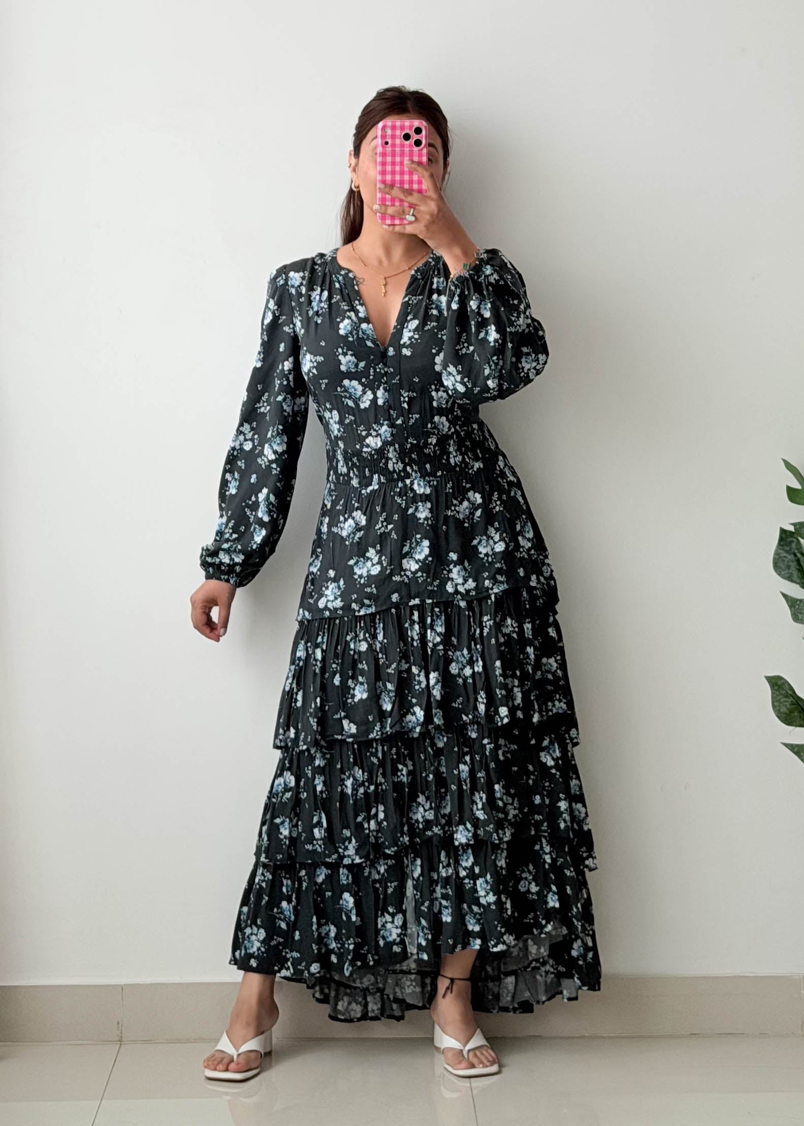 Size M-L Black Floral Tiered Maxi Dress