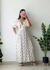 Size M-L, White Gold Print Maxi Dress