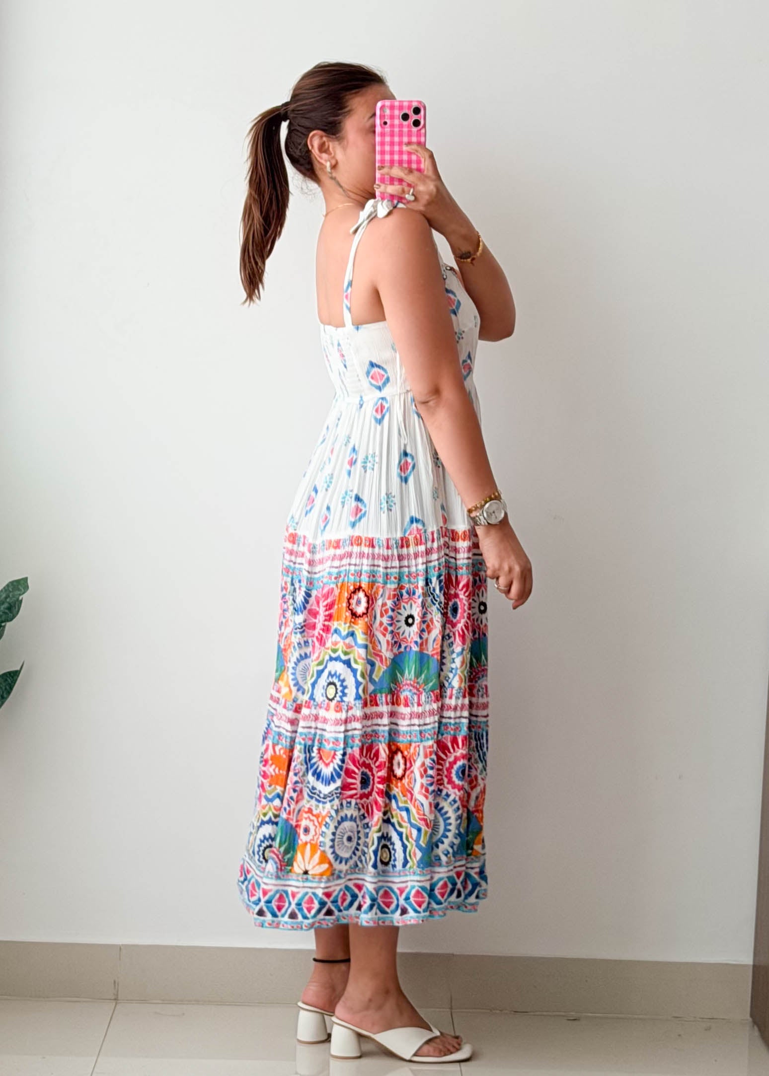Size S-M White Multicolor Printed Maxi Dress