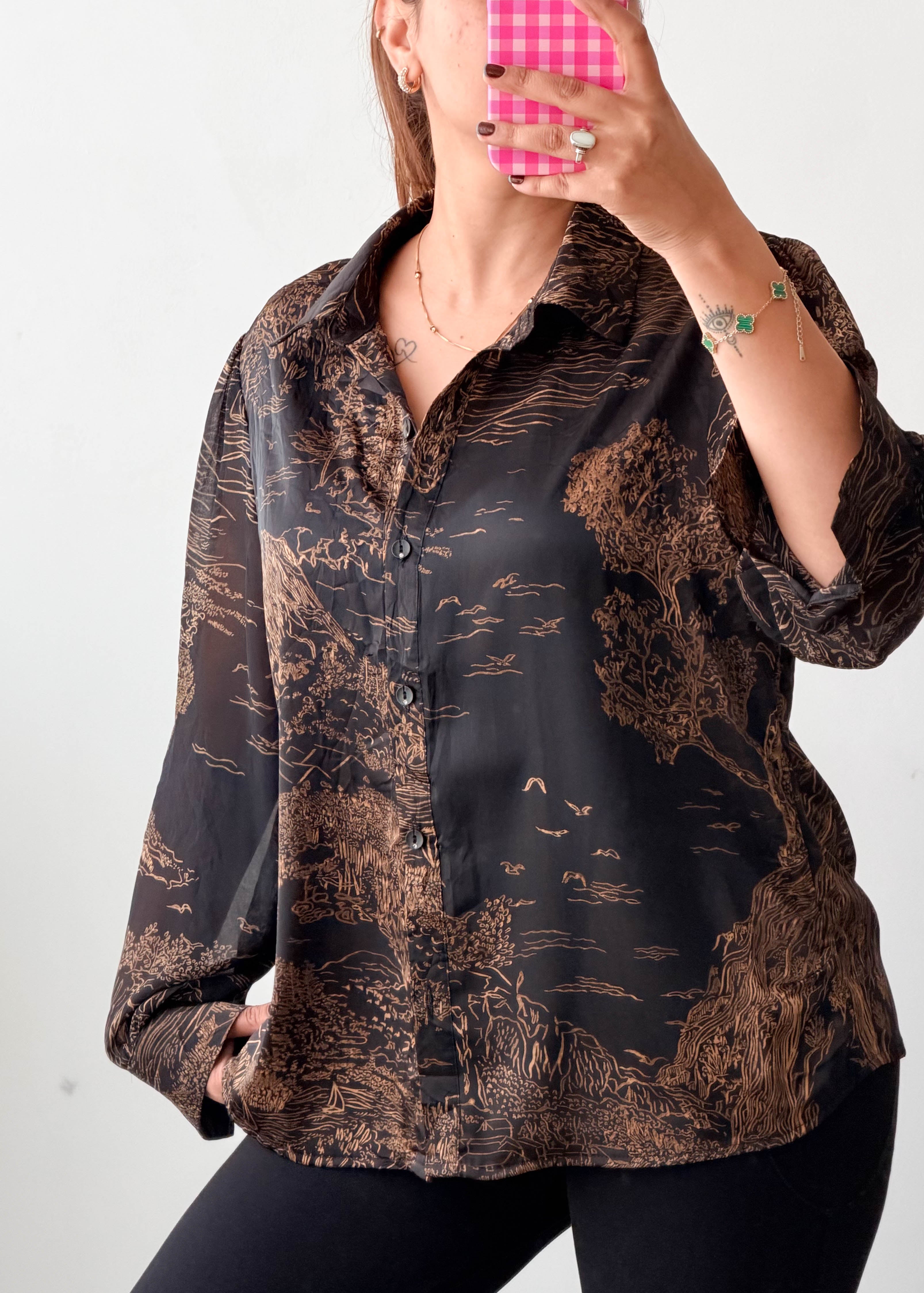Size S-M Black Brown Scenic Print Shirt Top