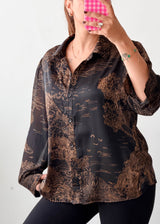 Size S-M Black Brown Scenic Print Shirt Top