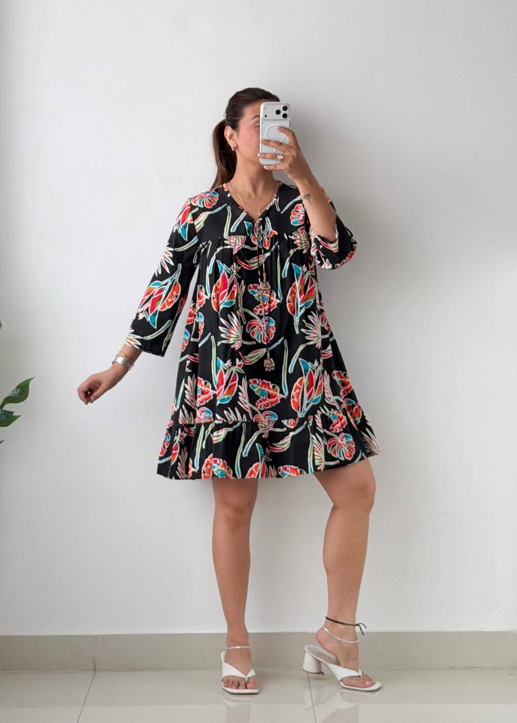 Size S-M Black Tropical Print Mini Dress