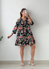 Size S-M Black Tropical Print Mini Dress