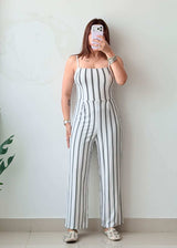 Size XS-S White Cotton Striped Straight Fit Jumpsuit