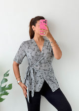 Size M-L Grey Floral Wrap Top